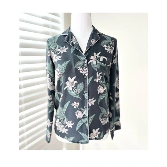 Frank + Oak Floral Silk Button-Front Top in Charcoal and Sage - Picture 1 of 6